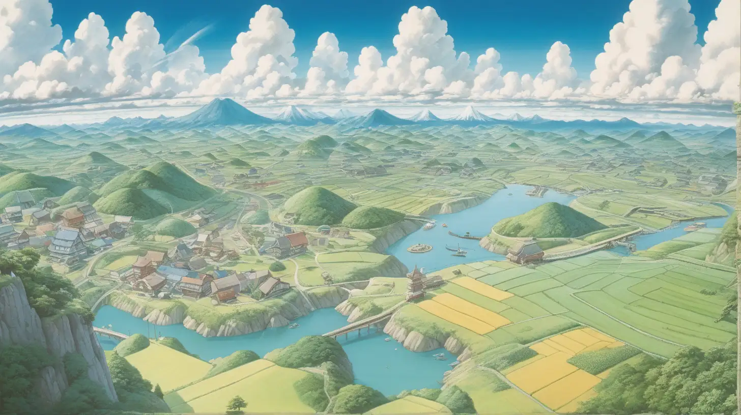 beauiful illustration of anime landscape, amazing detailed game poster, aerial shot, wide angle, Hayao Miyazaki --ar3:2 --niji 5