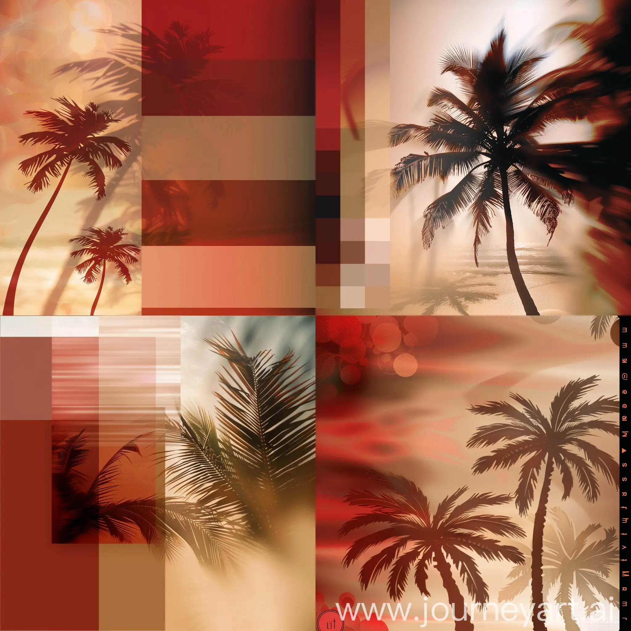 Genera un cover art para una inspirada en la playa, utiliza imágenes de fondo desenfocadas o una imagen panorámica, puedes utilizar stickers de palmeras o algún diseño de sombras de palmeras, la paleta de colores sería rojo, marrón, café y colores tierra
