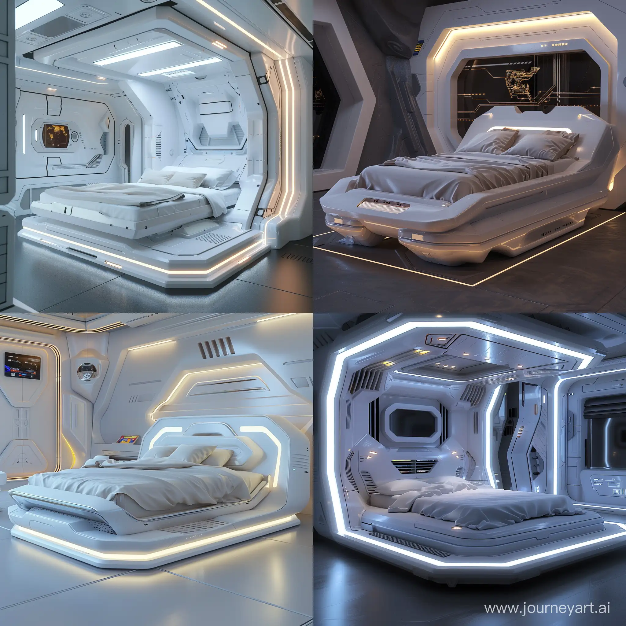 Futuristic bed, world of high tech, recyclable materials, octane render