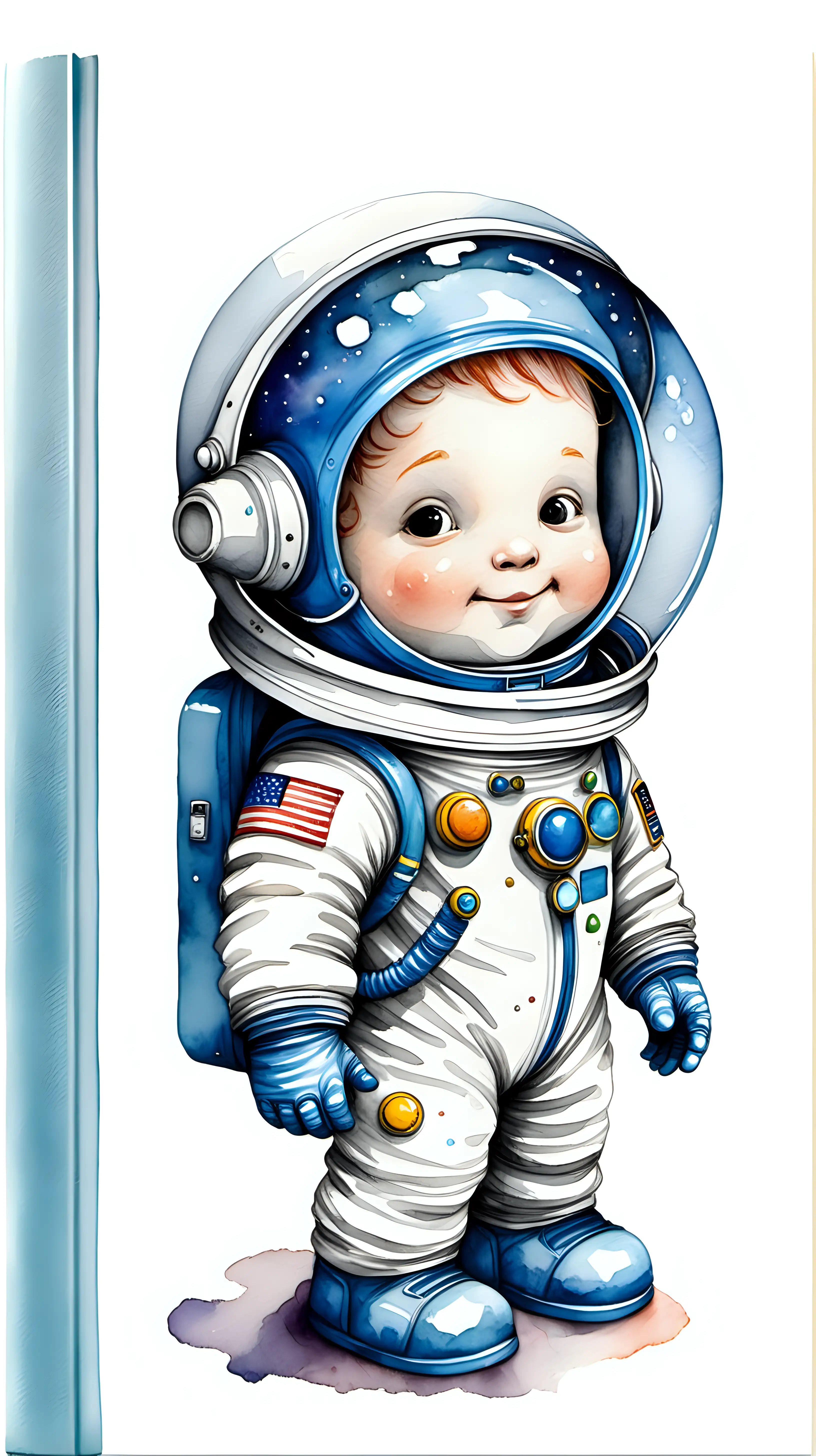 Cute astronaut, orlight grey space suit, face not visible behind his blue glass space helmet, watercolour story book illustration on a solid white background