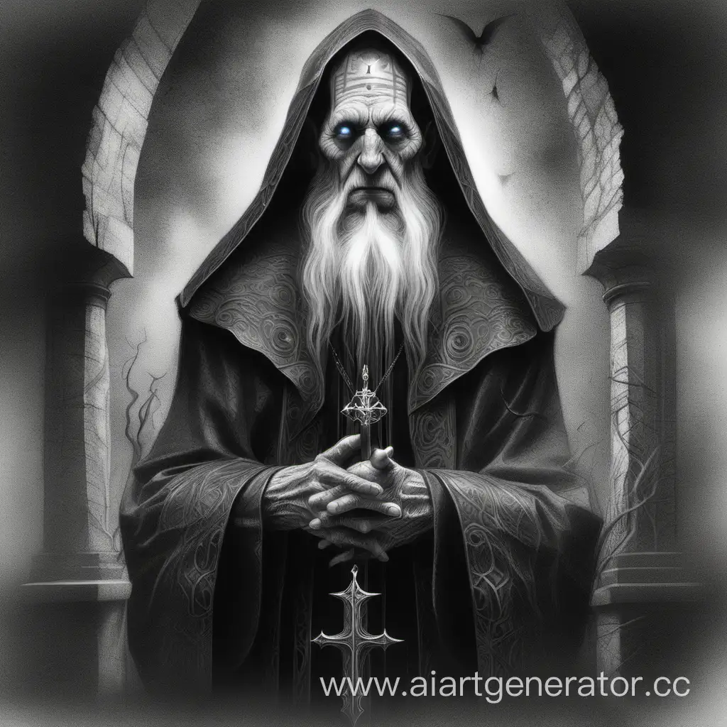 Old priest, dark fantasy style, pencil drawing