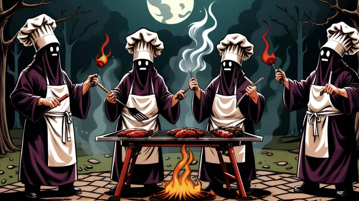 four cultists performing a ritual around a BBQ grill, cartoon, only one cultist has an apron and a chef's hat, the other three cultists are in robes that cover their face