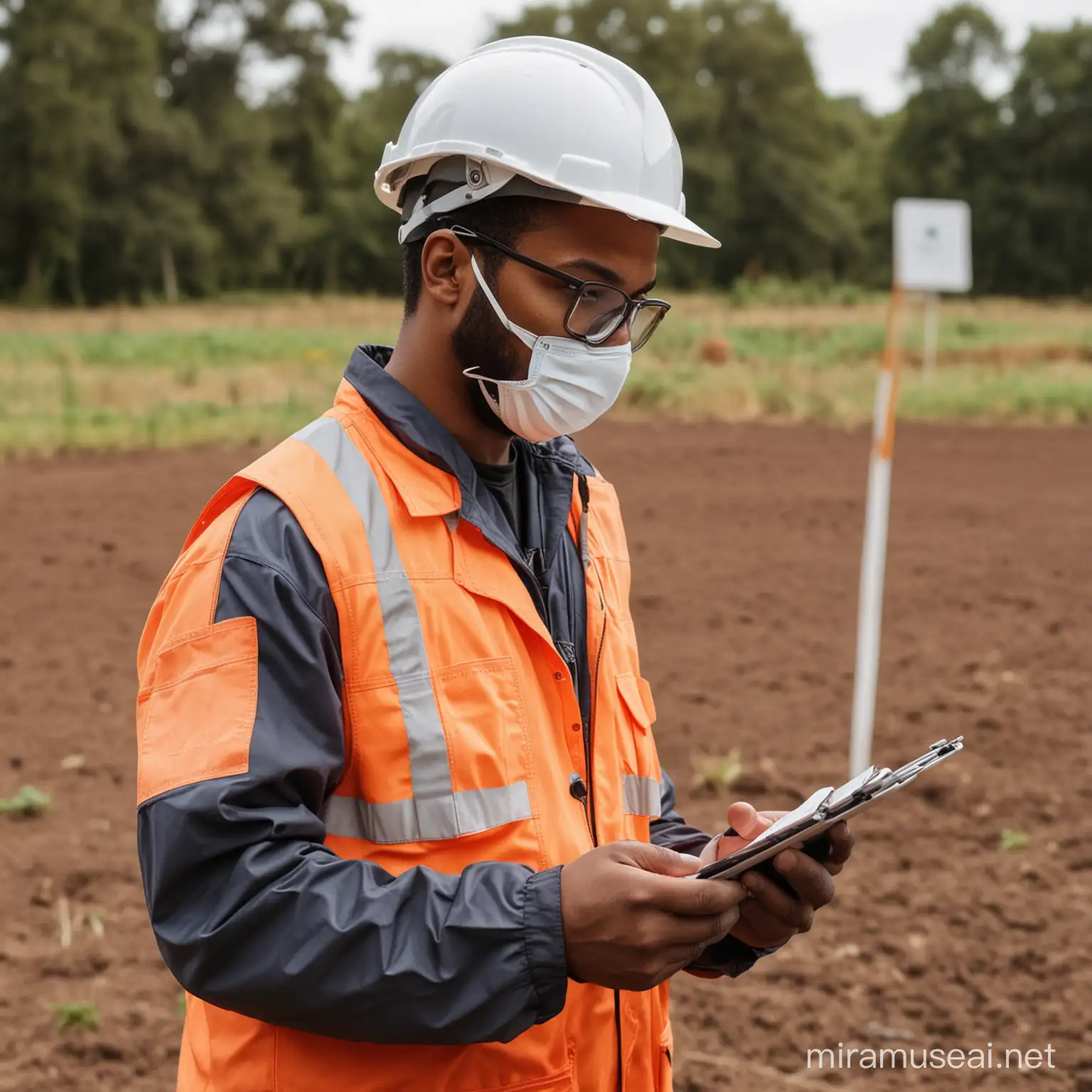 African American Technician Conducting Land Survey with PPE