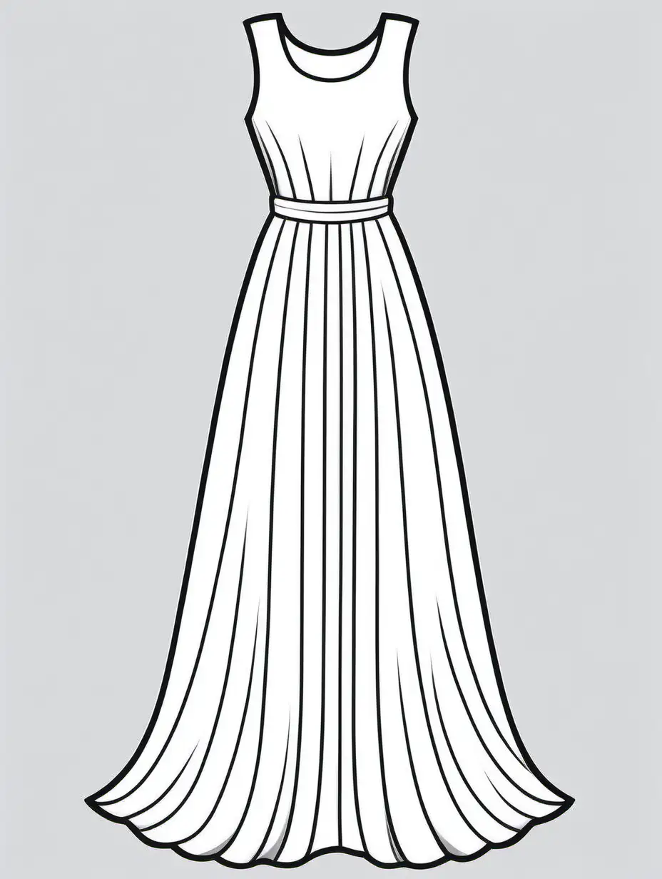 Elegant Long Dress Coloring Page in Cartoon Style with Bold Black Lines