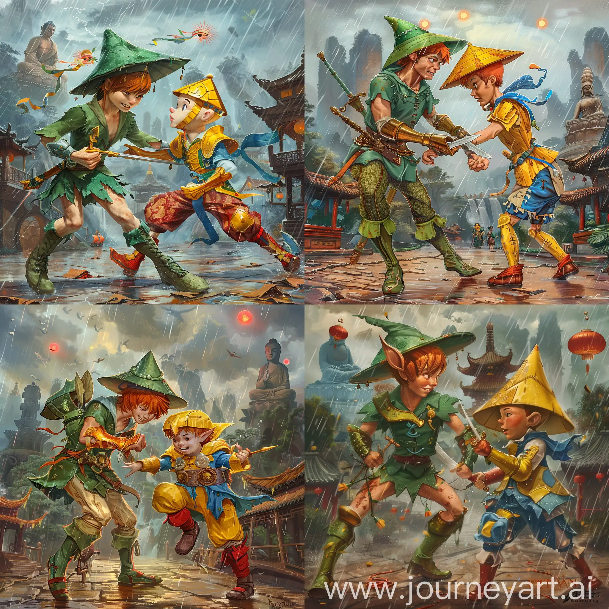 Historic painting style:

a handsome Peter Pan, from the Peter Pan cartoon, with orange brown hair,

he wears a green Chinese conic hat, deep green and light green colors Chinese style medieval armor and boots,

a Disney beautiful wooden Pinocchio, from the Pinocchio cartoon, he has yellow Chinese medieval triangular helmet, he wears yellow and blue color Chinese style medieval armor, red pants and boots, 

they both hold their Chinese daggers to fight against each other.

Chinese Leshan Budda and Buddhist mounts as background, and three small red suns in storm rainy sky.