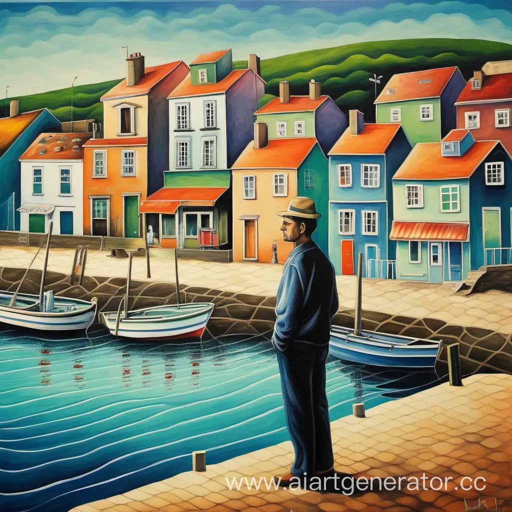 мужчина в маленьком городке у моря картина