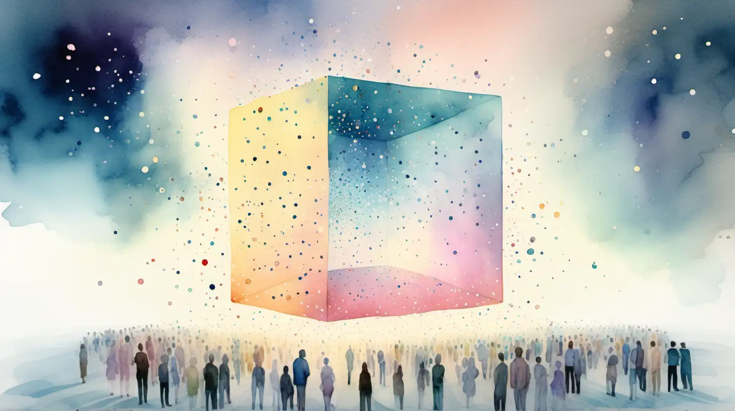 a water colour painting, gentle pastel colours, data dots connected in the sky moving together in the center of the image. A white background. People looking at the data. A cube forming in the middle of the image