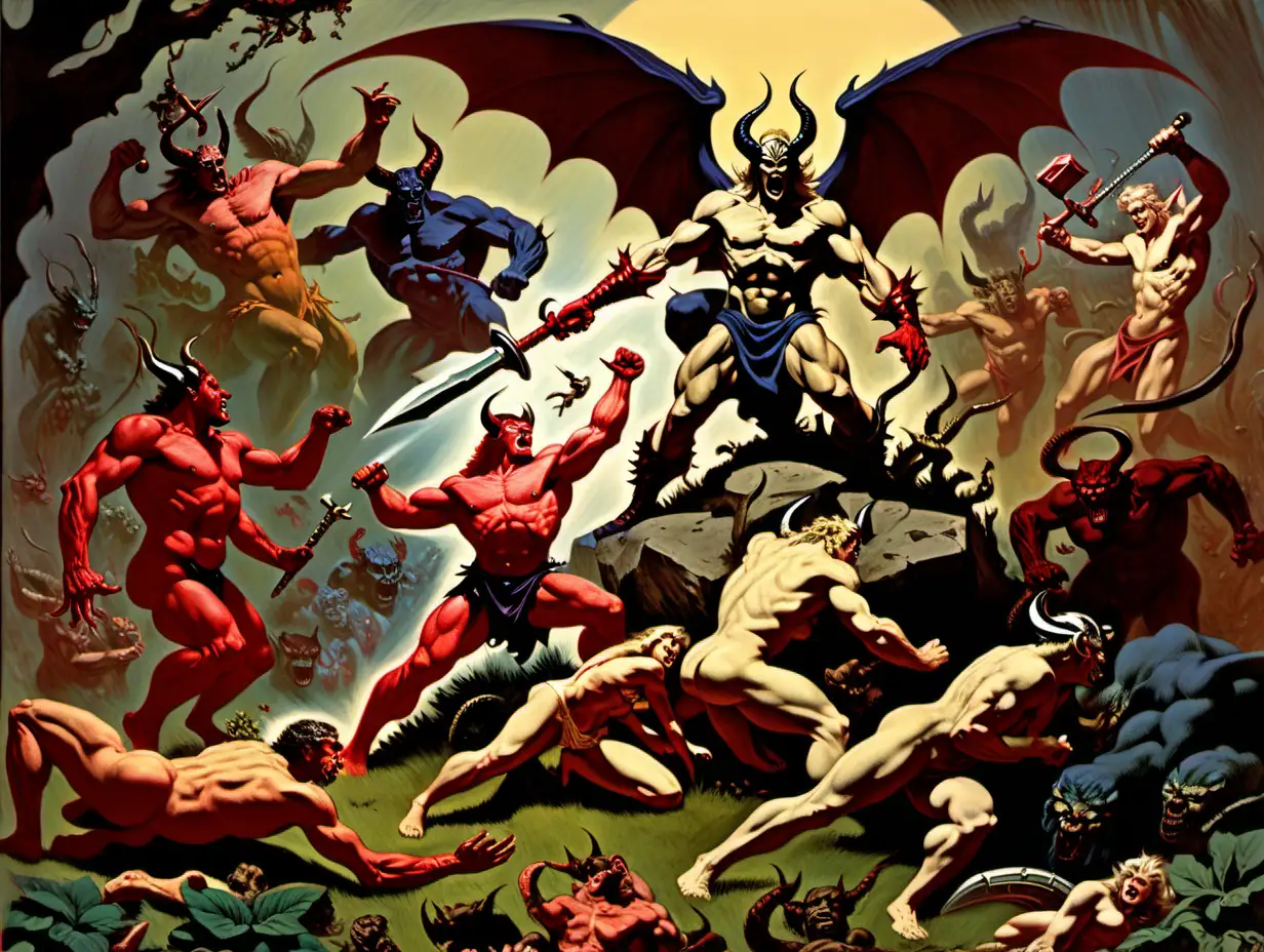 Satan fighting Thor in the Garden of Eden surrounded by demons in color in the style of Frank Frazetta