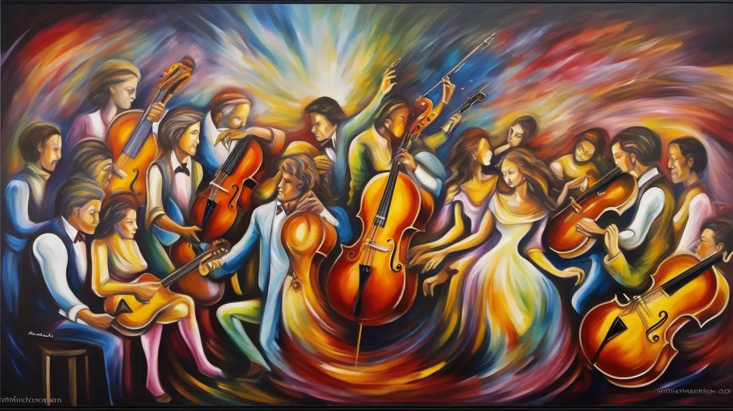 a masterpiece oil painting that expresses the passing of music through time, creative, artistic, expression, colorful, vibrant, profound
