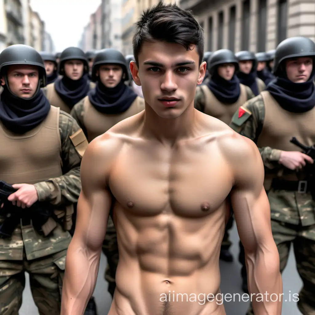 realistic  photo of a young 18 years old athletic  naked dominant      handsome    Polish    male    with beautiful face, brown eyes and black hair and aggressive and tempting look and naked ripped abs and  hairy  chest and erect   penis    and black pubes  , displayed totally    naked  in the crowded street   in front of soldiers