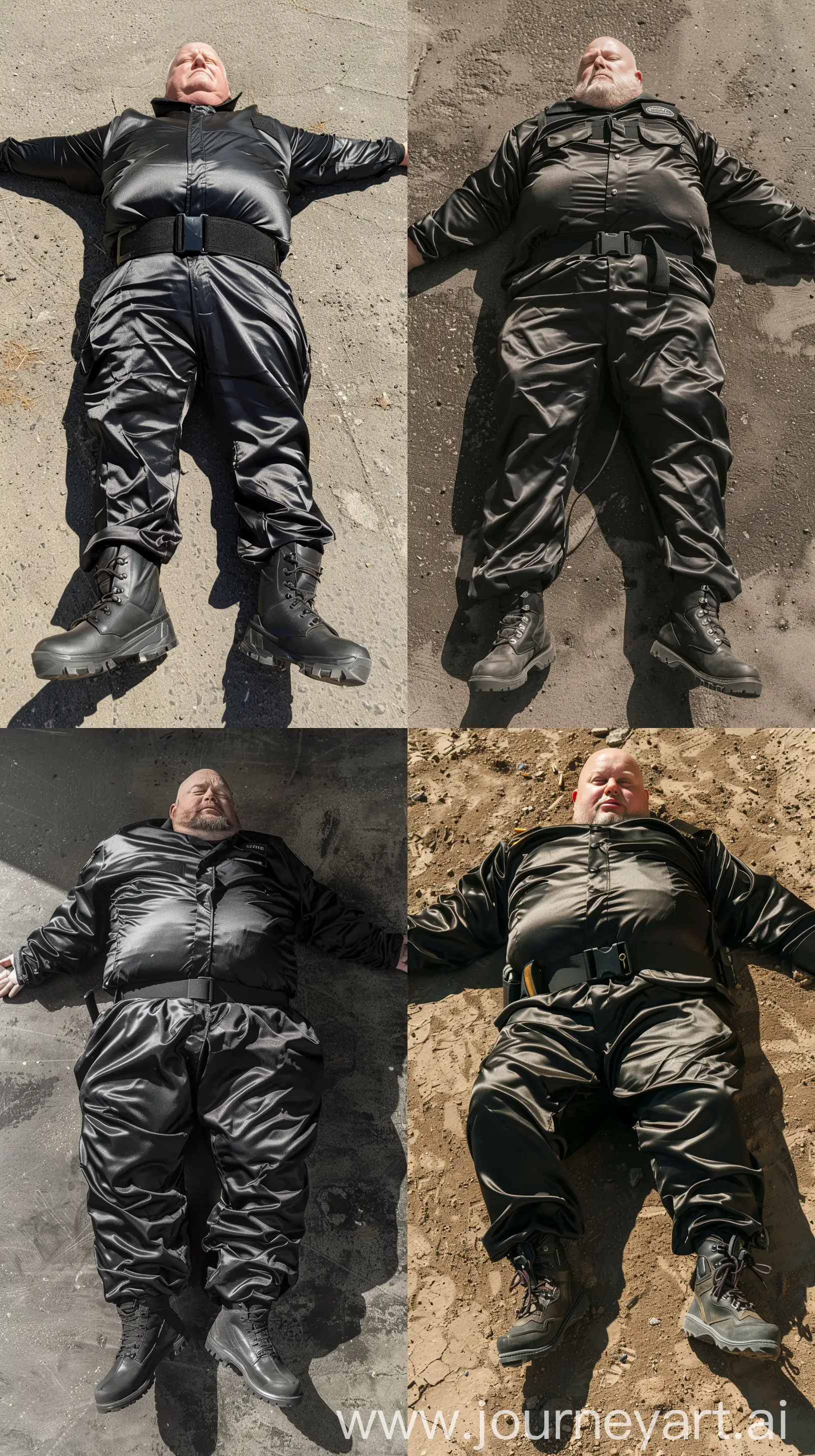 High-angle close-up front view photo of a fat man aged 60 wearing a silk black security guard skinny-fitted full coverall tucked in black tactical hiking boots. Black tactical belt. Lying on his neck on the ground. Arms wide opened. Bald. Clean Shaven. Natural light. --style raw --ar 9:16
