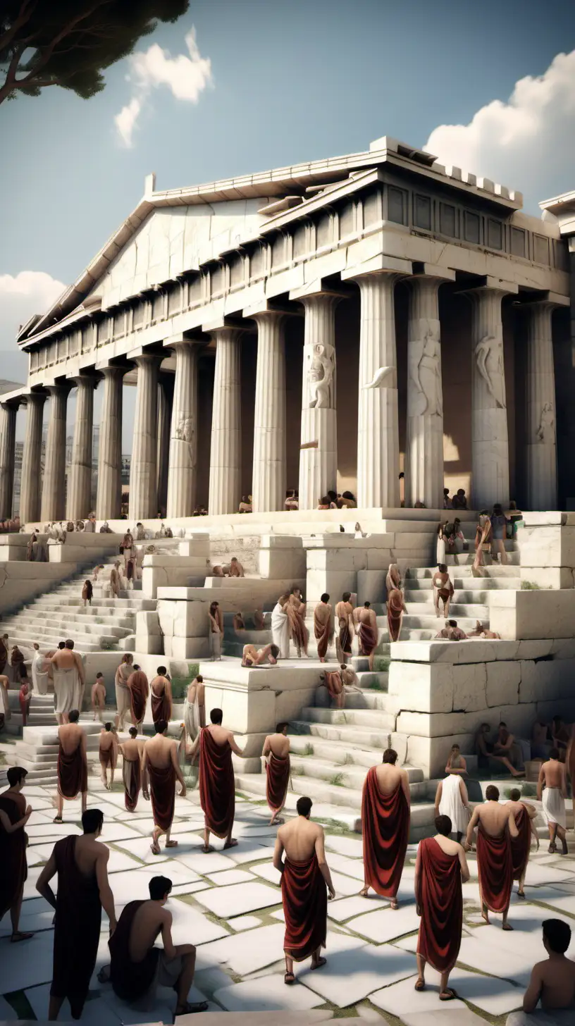 ancient Greek society, with bustling marketplaces and towering temples