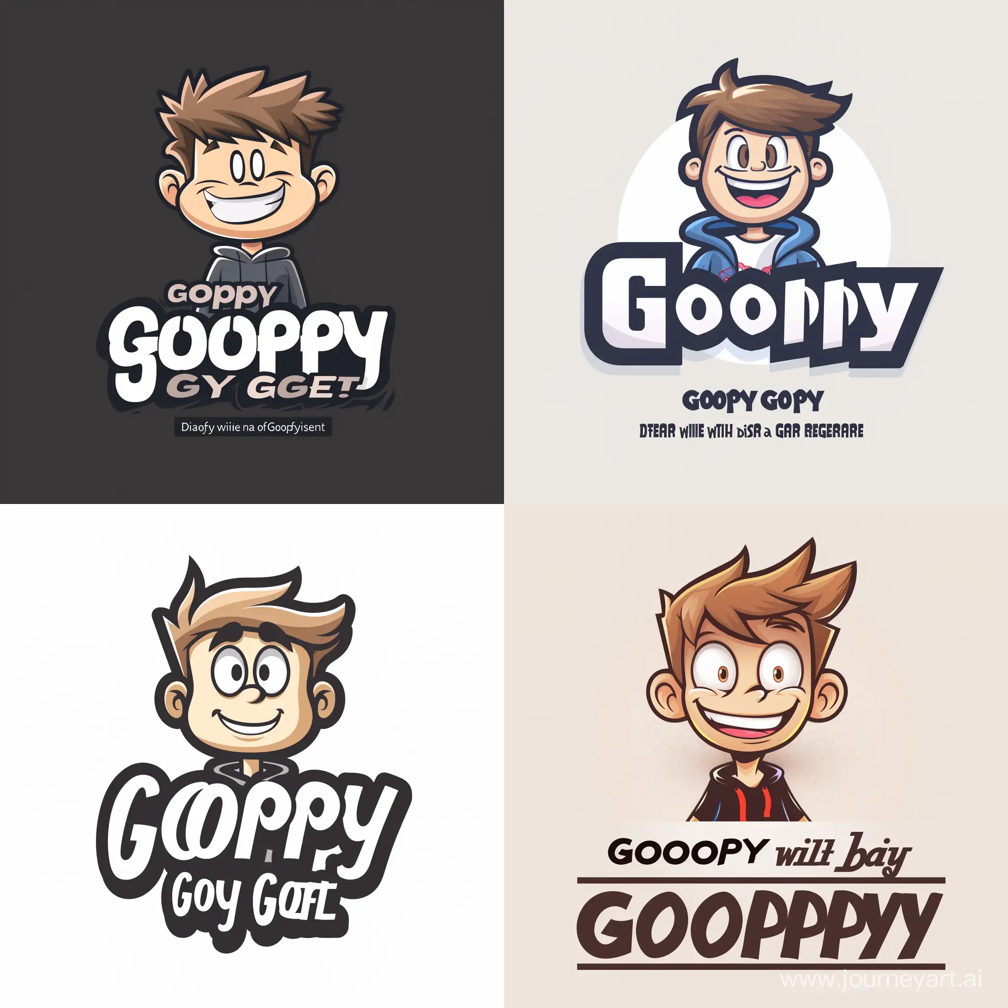 Imagine a sleek and stylish font for the words "Goofy Guy Gear," with the word ""Goofy" having a slightly playful and curvy font to reflect the fun aspect of your brand. Below the text, incorporate a small cartoon-like image of a smiling, stylish guy wearing some of your clothing items, such as a t-shirt or hoodie with a goofy expression. You can stylize the guy to be fashionable yet approachable, with a playful vibe that matches your brand's personality. make a logo for my clothing business according to the information given and also add my business slogan "Dress with a Dash of Goofiness" in it