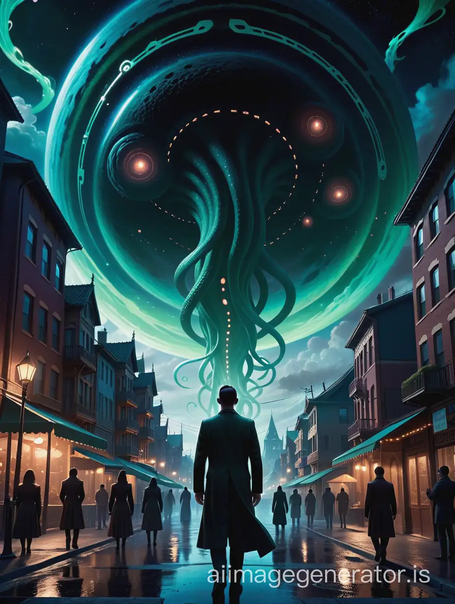 A haunting and artistic rendition of H. P. Lovecraft's cosmic horror, with a touch of Art Nouveau and futuristic sci-fi elements. The dark fantasy scene is set against a cinematic backdrop, with an astral being looming over a small, eerie town. The sky is filled with cosmic entities and a sinister, swirling vortex. The overall atmosphere is one of dread and mystery, with a sense of otherworldly beings and forces beyond human