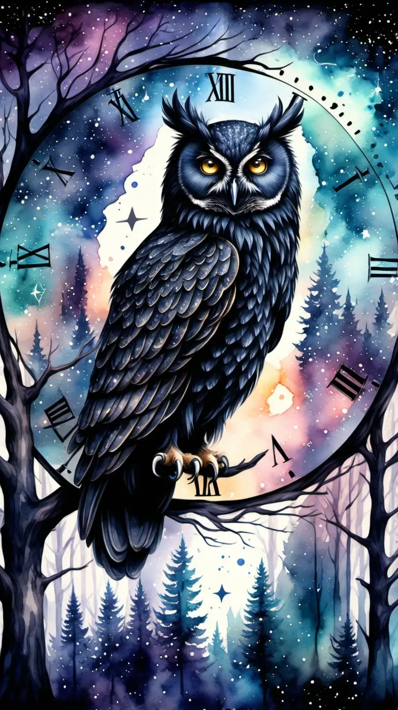  Create an image in watercolor style of a black owl, clock, watch, time, forest, galaxies