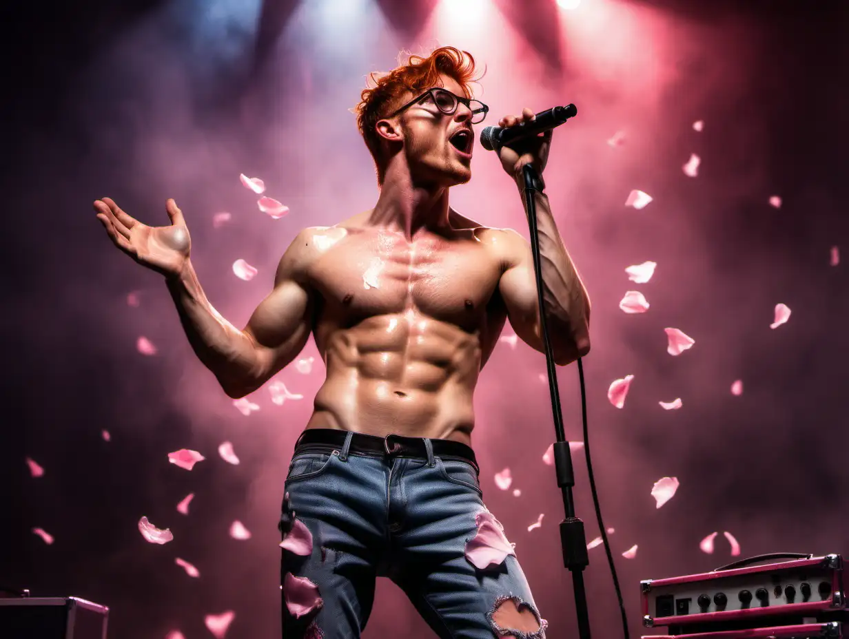 Handsome redhead rockstar singing careless whisper on stage short hair stubbles glasses shirtless tanned muscular show hairy chest show abs show legs full body shot very sweaty dripping wet oiled up torn jeans rose petals falling mic stand pink spotlights 