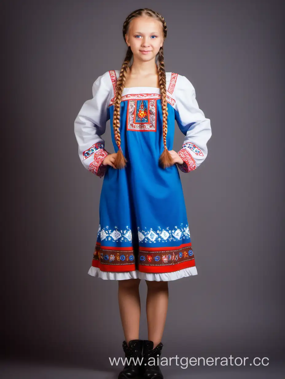 Девушка в русском национальном мини-платье с косичками, полный рост