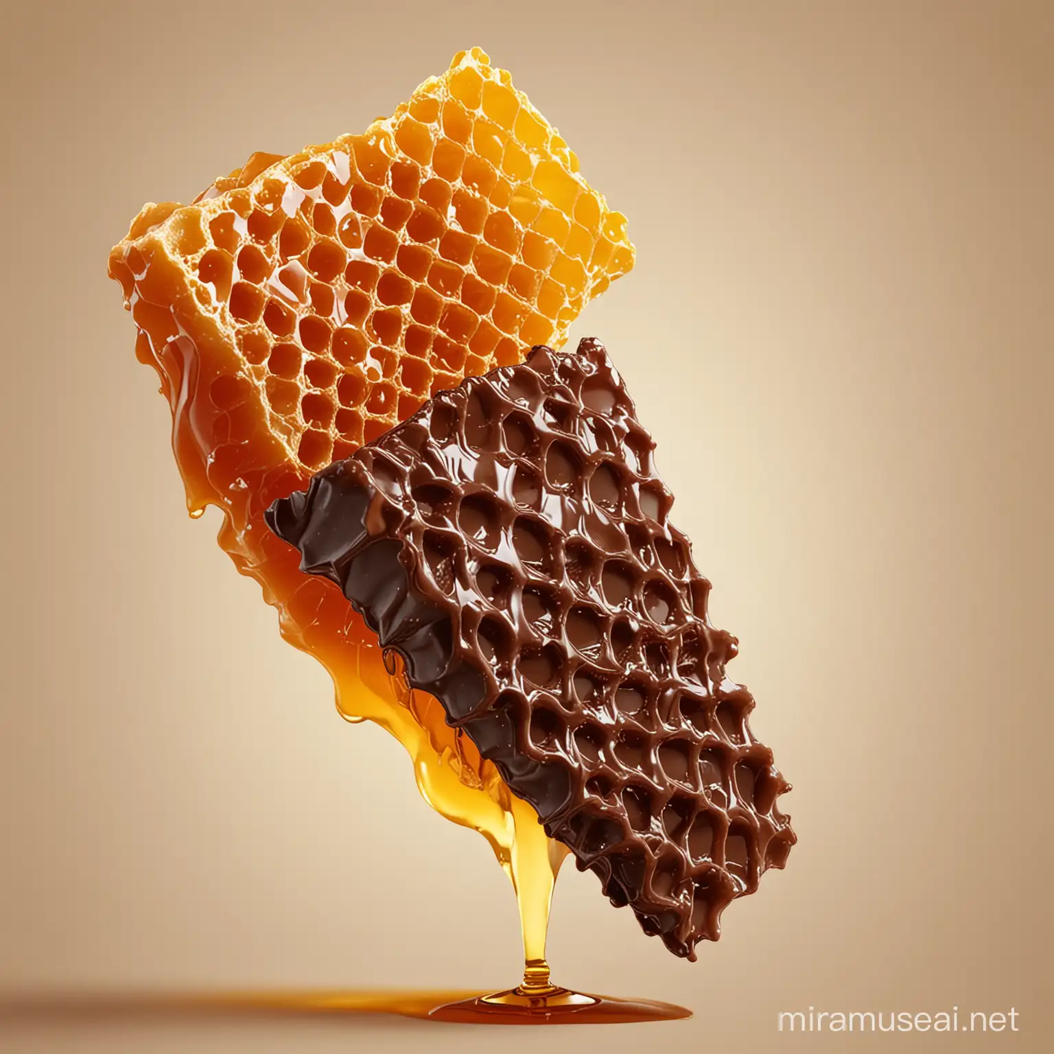 piece of honeycomb dipped chocolate and honey running from the honeycomb, no background