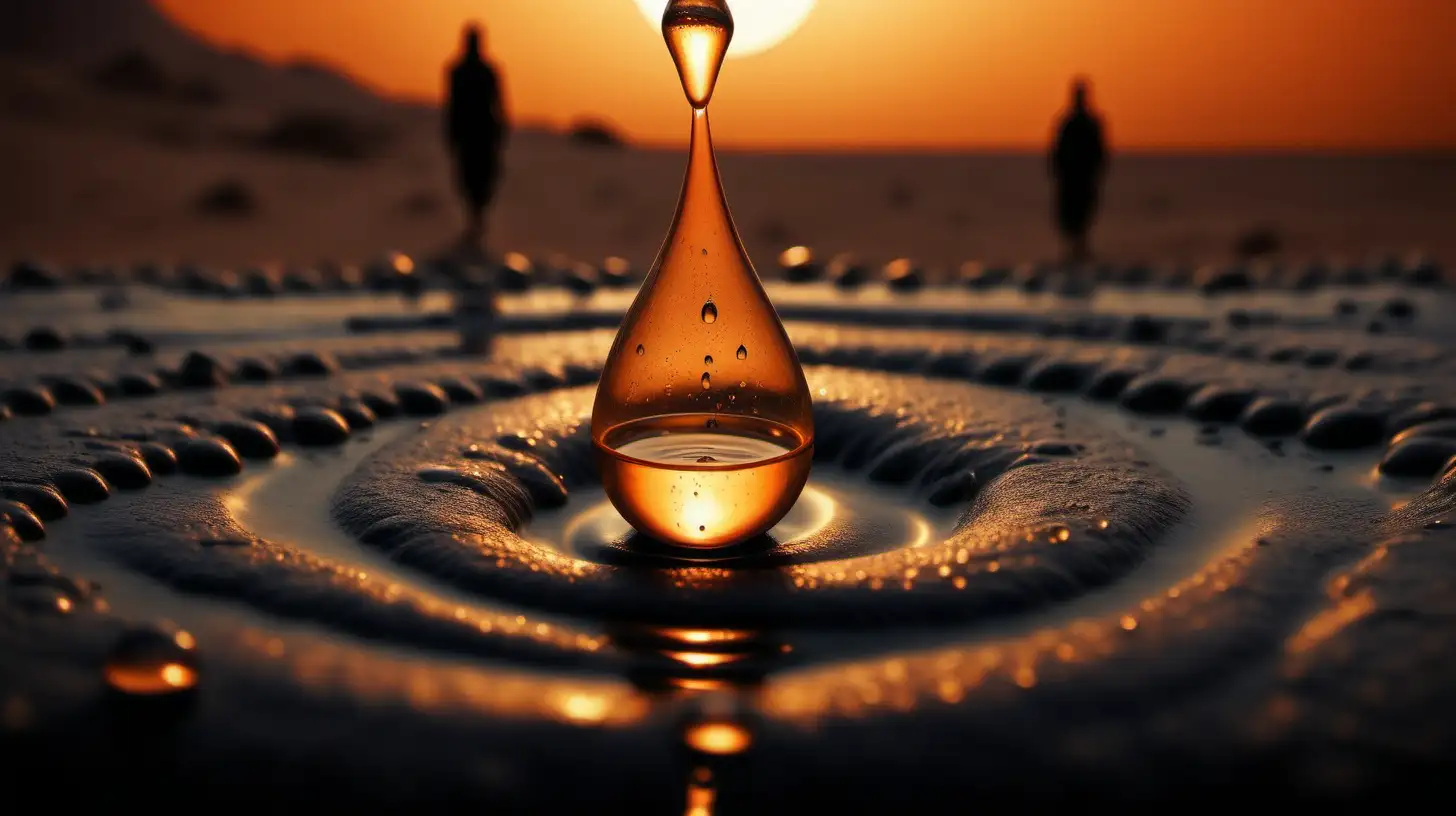 A dark landscape image of an ancient arab society deeply connected to islam, water droplet close up with orange smoke behind it

