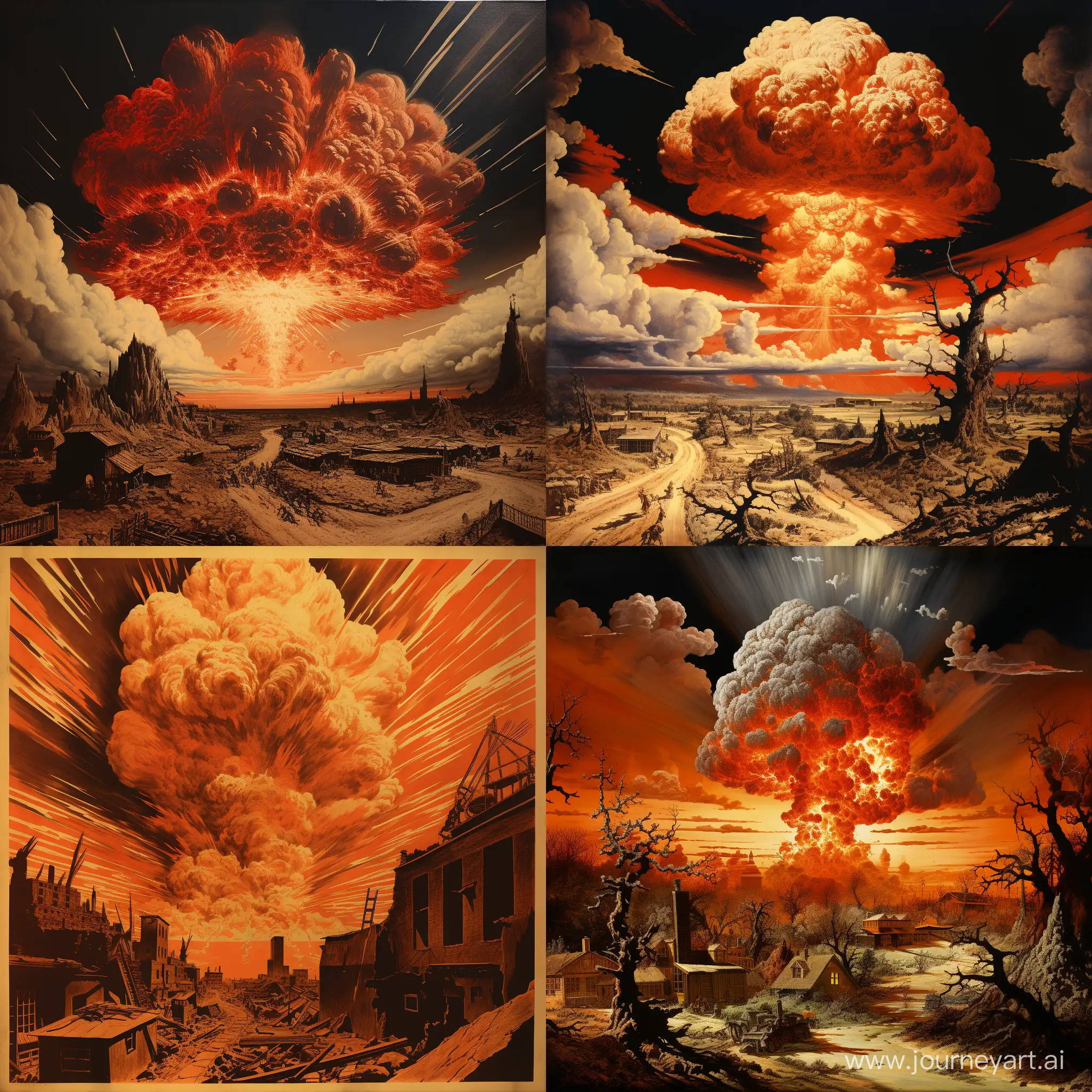 Massive nuclear explosion, obliterating colony, 1940s early American propaganda art style