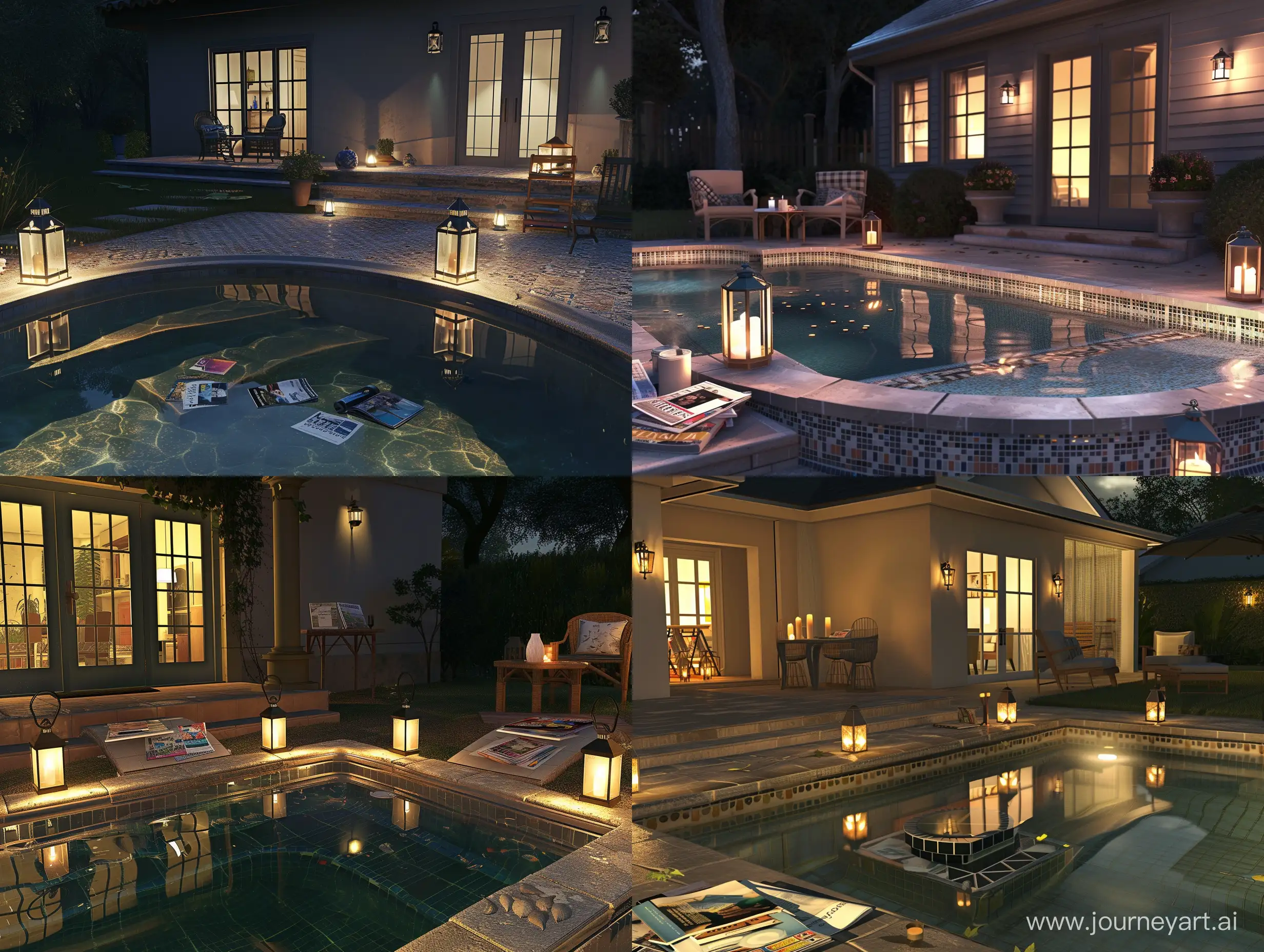 beautiful american style house at night. a backyard a small swimming pool, with edging and small tiled steps. lanterns reflecting in the transparent water. near is a little table with magazines and candles. there are two chairs near the table. 8 to ultrarealism, unreal engine, clear objects, beautiful night skies 