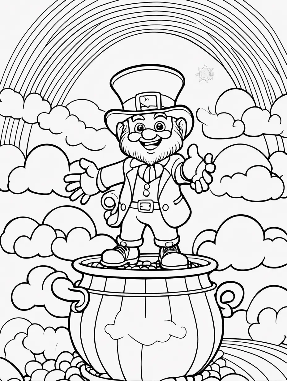 pixar style leprechaun standing on a pot of gold withs rainbows and clouds in the sky, kids coloring page,black and white, no shading, no shadows, simple, 8k, high dof, ar--85:110