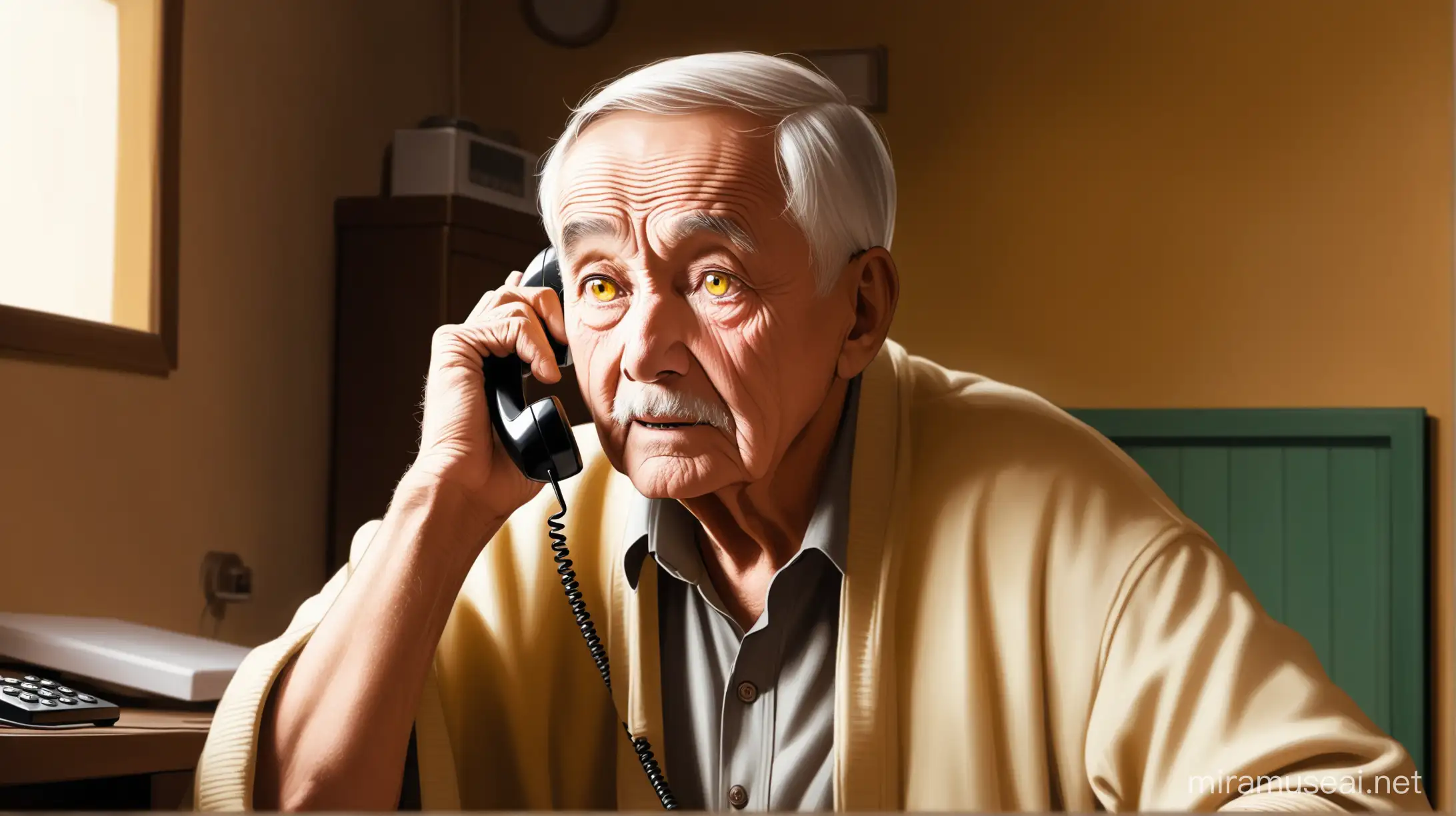 Elderly Man with Yellowish Eyes Talking on the Phone in His Cozy Home