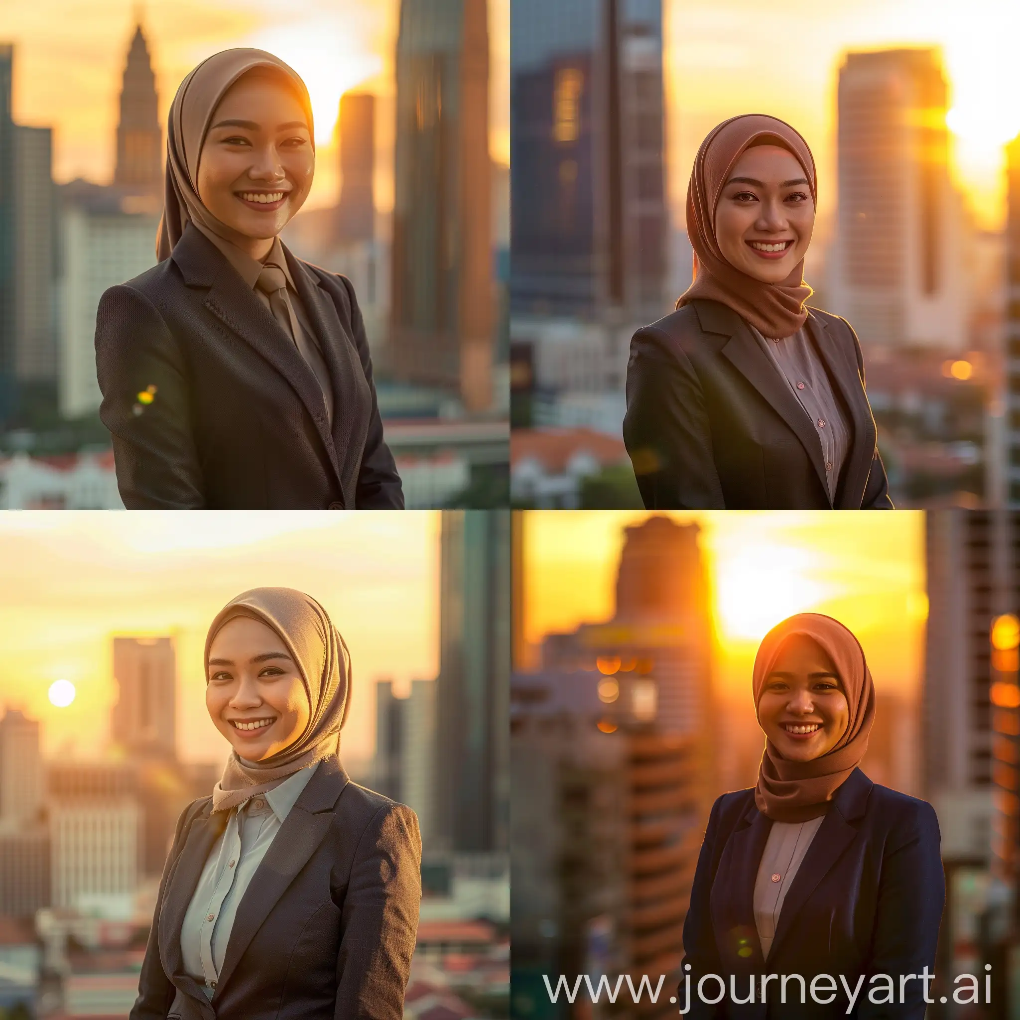 A photograph of a confident smiling malay muslimah  in sleek business attire, framed against a vibrant cityscape at golden hour. The warm tones of the setting sun cast a flattering glow on her face, emphasizing her inner strength and determination. The composition accentuates her posture, with strong leading lines and a dynamic angle of view, capturing her in a moment of triumph amidst the bustling urban environment.