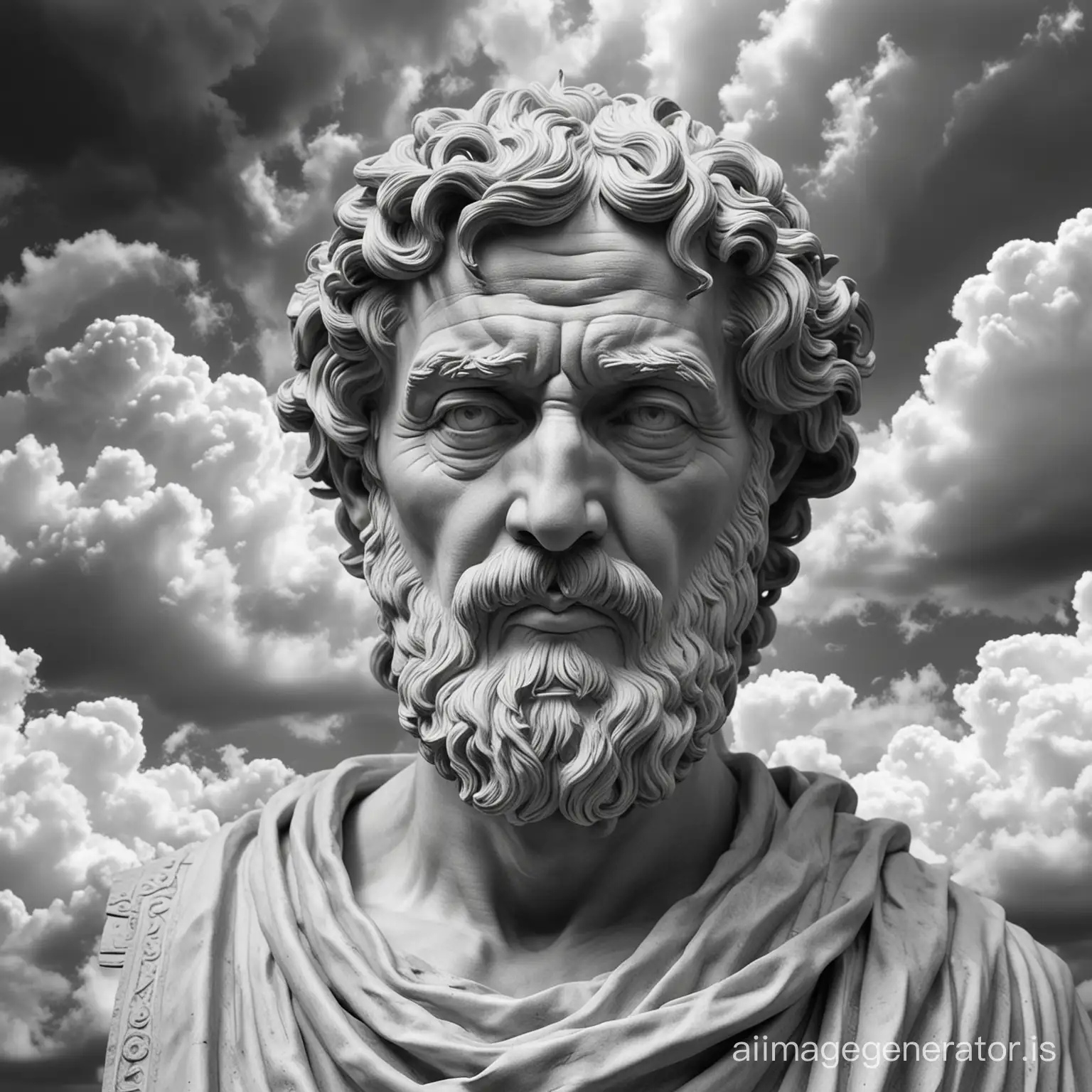 Create a grayscale sculpture of a stoic philosopher exuding wisdom and serenity, positioned in the center of the image. With clouds as The background an a close up view