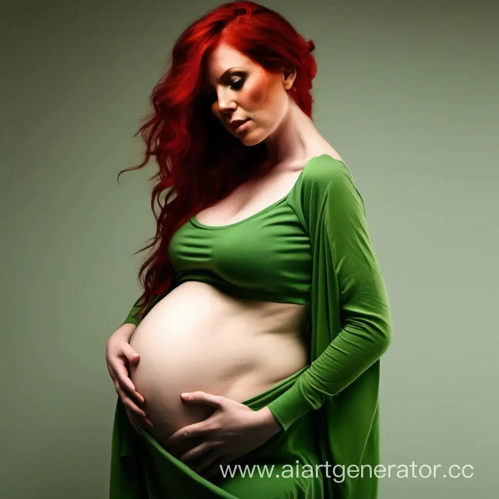 Red haired warrior pregnant, belly exposed resting green outfit dress naked belly
