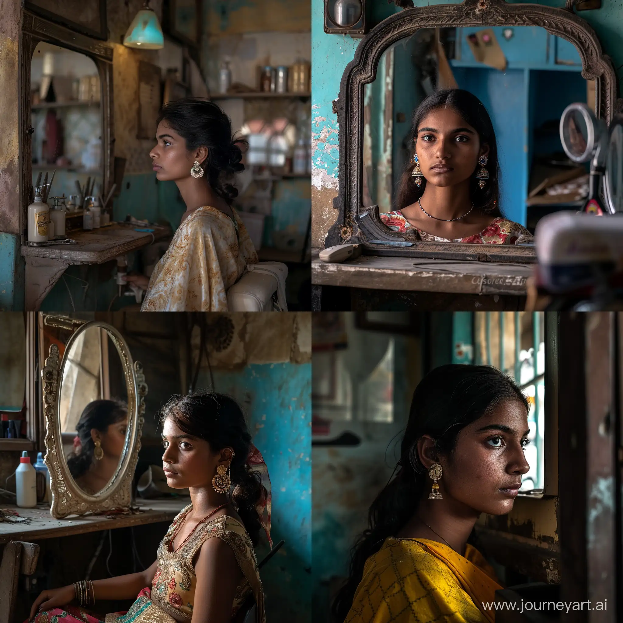 rabari rajasthan India  with earrings sitting in a old  barbershop  looking in the mirror   soft light  fotorealistisch low angle fuji xt4 wilde 24mm