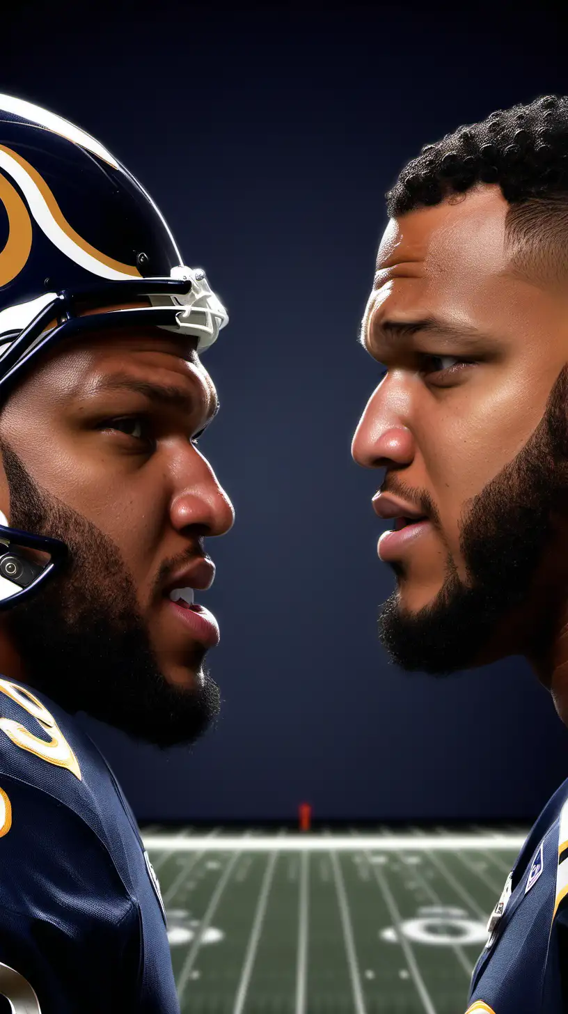 Create an ultra-realistic and highly detailed image of Aaron Donald of the Los Angeles Rams and David Montgomery of the Chicago Bears , standing face to face , the face are clear and extreamly detailed 