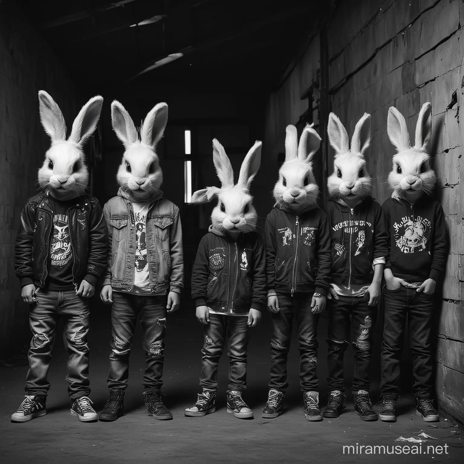 five punk kids with rabbit heads in an old garage, creepy black and white image