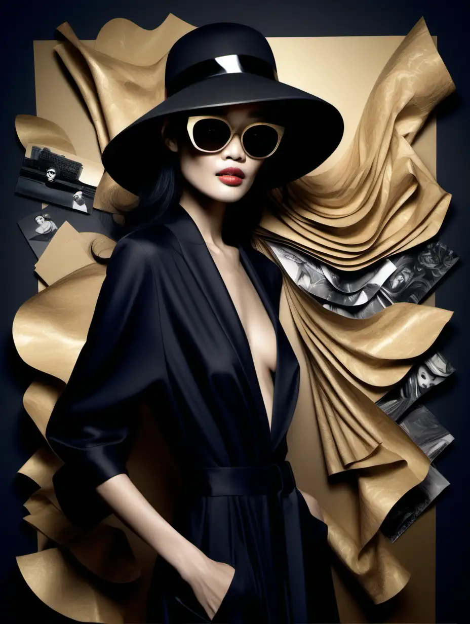 Shu qi draped in an elegant night dress, brands alternating between Dior, Gucci, Armani, hands casually tucked into pockets, topped with a chic hat and sunglasses, imaged with Konstantin Razumov's interpretive flair, Alberto Seveso's digital inking, Eiko Ojala's paper-cut textures, Tracie Grimwood's watercolor touch in a gold and black color scheme, poised at a New Year's Eve gala, ultra-fine details,