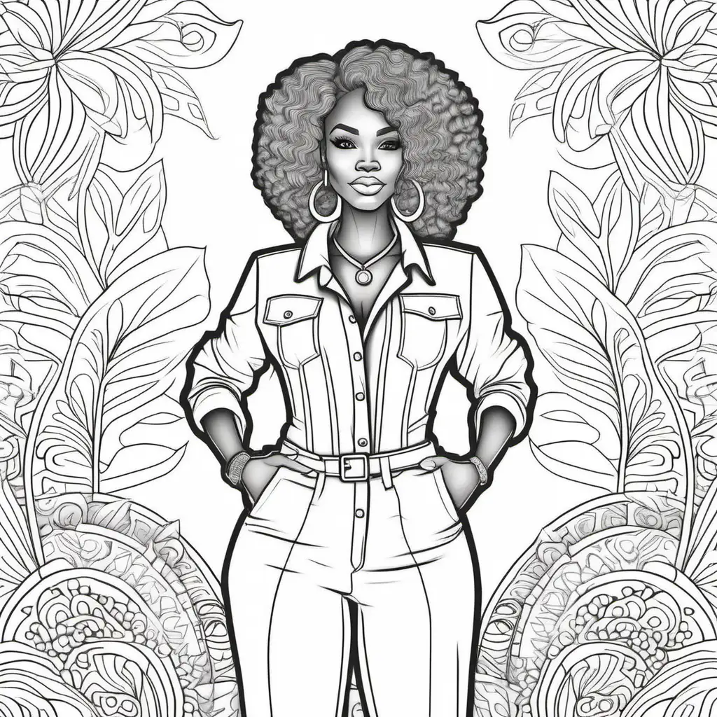 adult coloring book, outline image, no greyscale, no color, no shading,  outline hair only, coloring page style, african american woman, full body, fully dressed
fun backgrounds, coloring book lines
