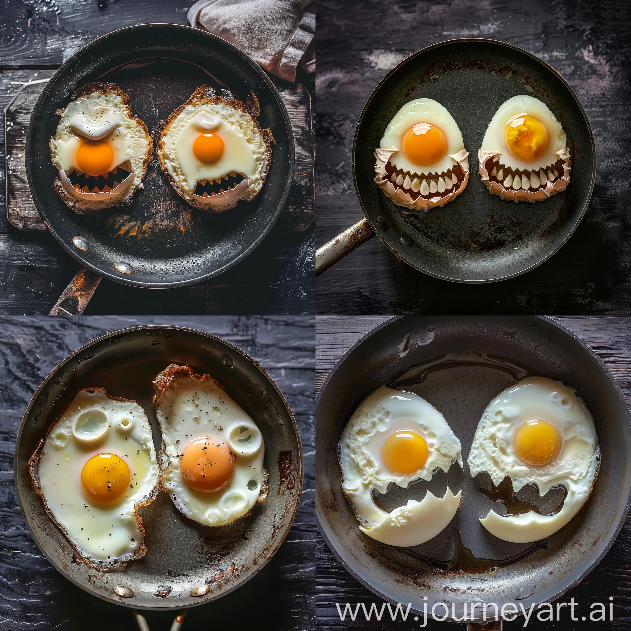Dos huevos fritos en una sartén, foto surrealista, los huevos están dispuestos de tal forma que parece un monstruo terrorífico, hiper detallado, hiper realista
