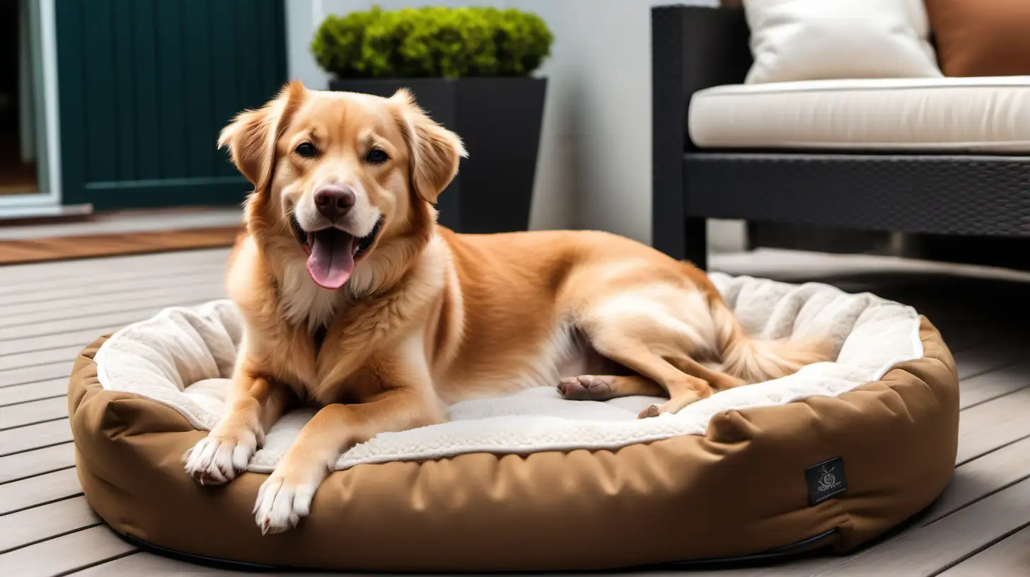 Create an image of a happy dog on the soft dog bed looking downwards. The dog bed is located on the outdoor terrace of the house. The house looks high-end, and expensive, like a wealthy family is living there. The dominant colors of the image shall be muted browns, beiges, and forest greens.  The dog looks happy, with its tongue out, it is looking down like it is sniffing something on the ground. The general mood of the picture shall be relaxation, calmness, and happiness. The dog shall invoke cute feelings, a desire to pet the dog. An owner, a middle age woman, looking neat and pretty, sits next to the dog, looking at it and is petting it.