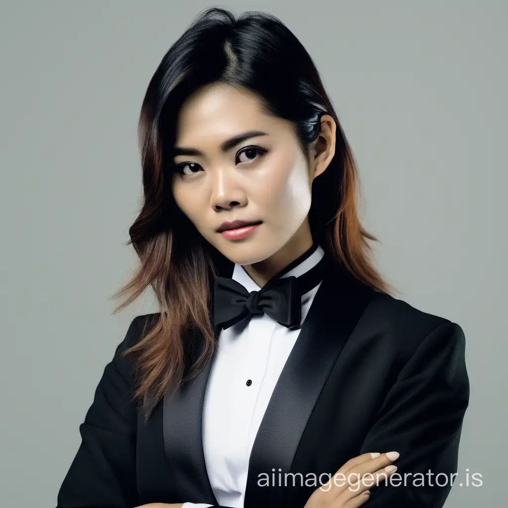 vietnamese woman with shoulder length hair and her arms crossed wearing a tuxedo
