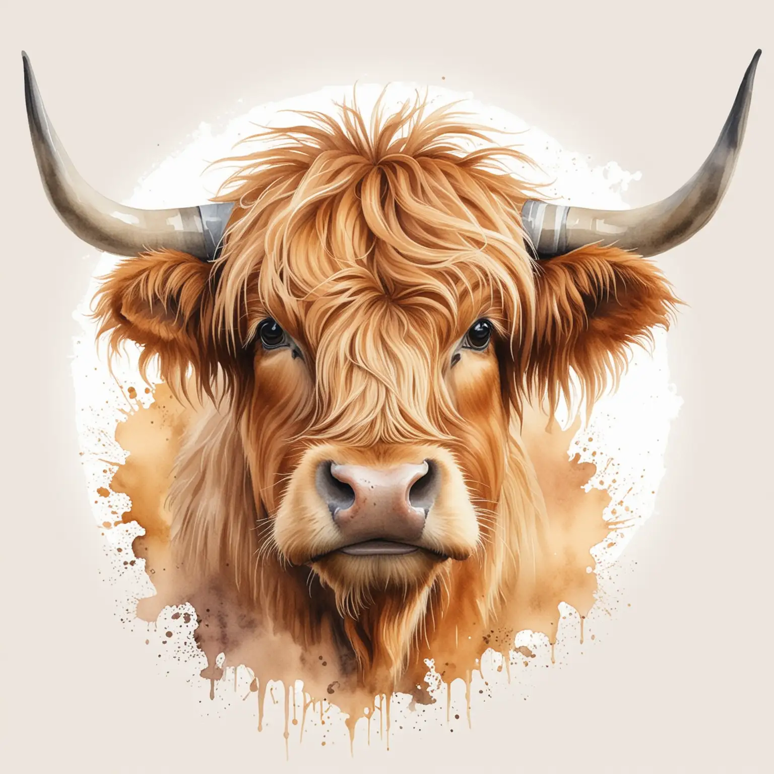 Highland Cow Watercolor Drawing Cute Clip Art with White Background