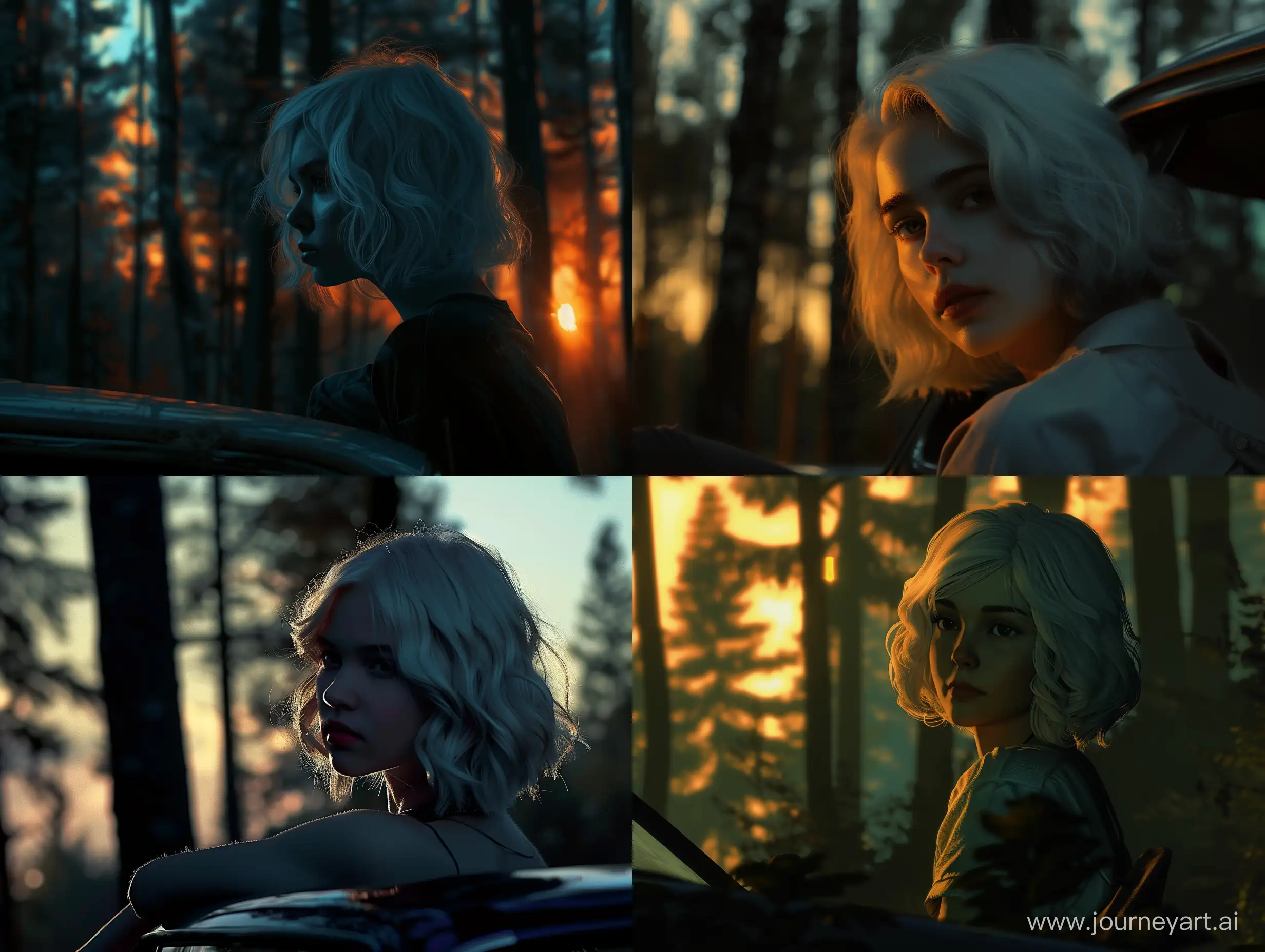 Сцена: Закат, в лесу.
Персонаж: девушка, смотрящая в даль.
Прическа: Каре. цвет белый, волнистые волосы. 
Освещение: реалистичное, тени.
Поза персонажа: Сидя на машине.

