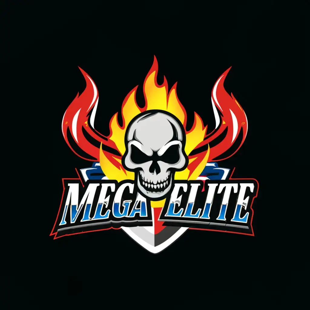 a logo design,with the text "Mega Elite

", main symbol:skull and crossbones, red and blue flame accents, black background,Moderate,clear background