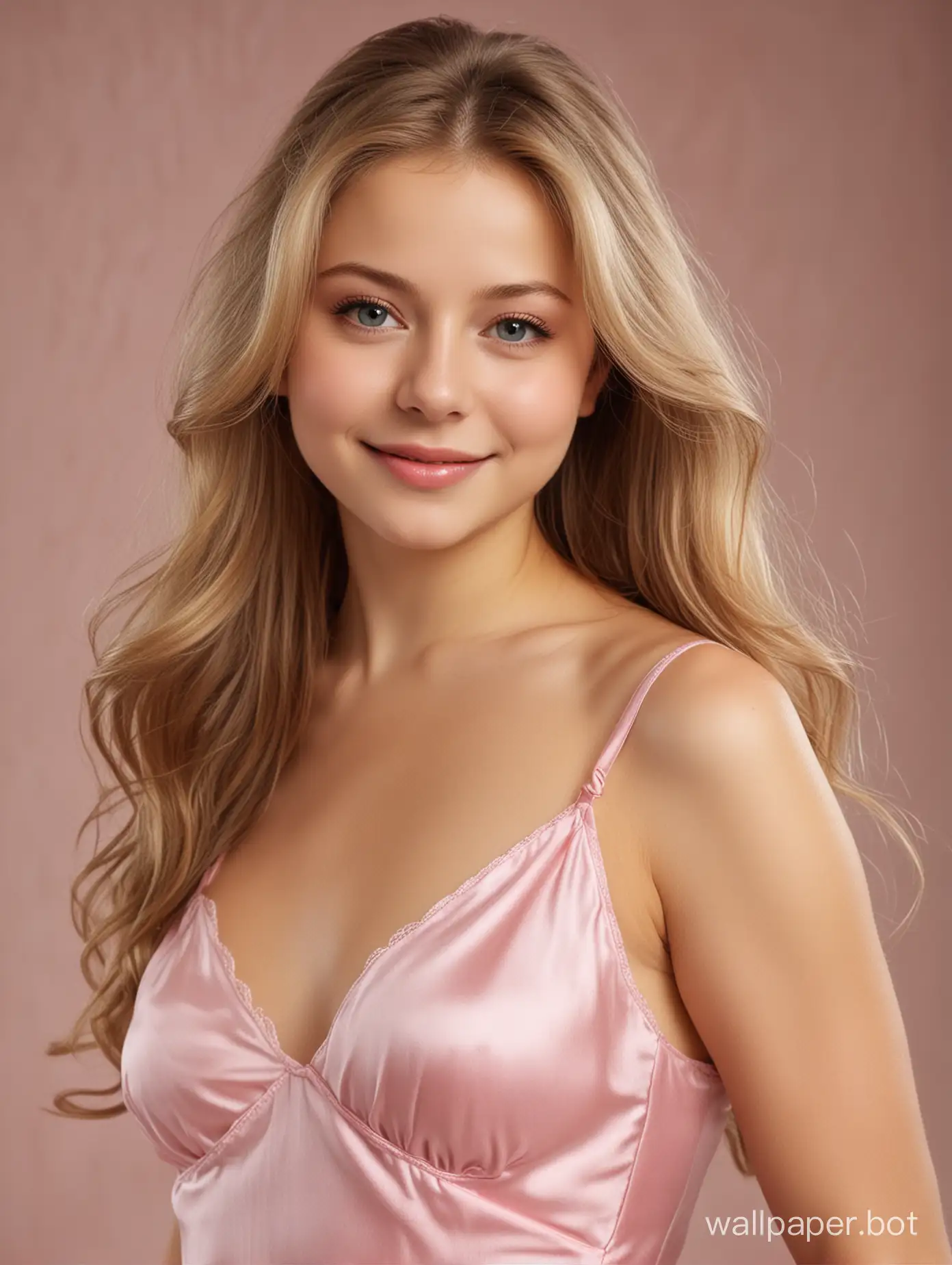 Sweet Yulia Lipnitskaya with long silky hair in a tender pink silk slip dress smiles