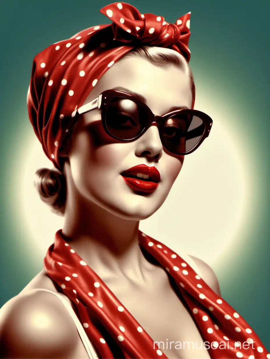 Woman with flare, red glossy lips, sunglasses and a head scarf Hollywood style.  Pinup style of the 1930's. Realistic illustration