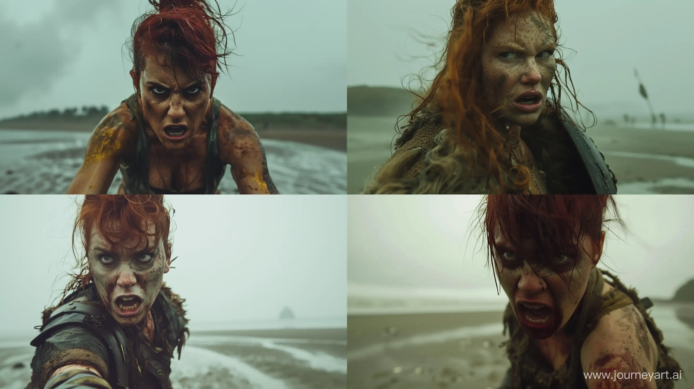 a fierce female warrior prepares for battle on a beach. the weather is overcast. the female
warrior has red hair --seed 3647974 --ar 16:9