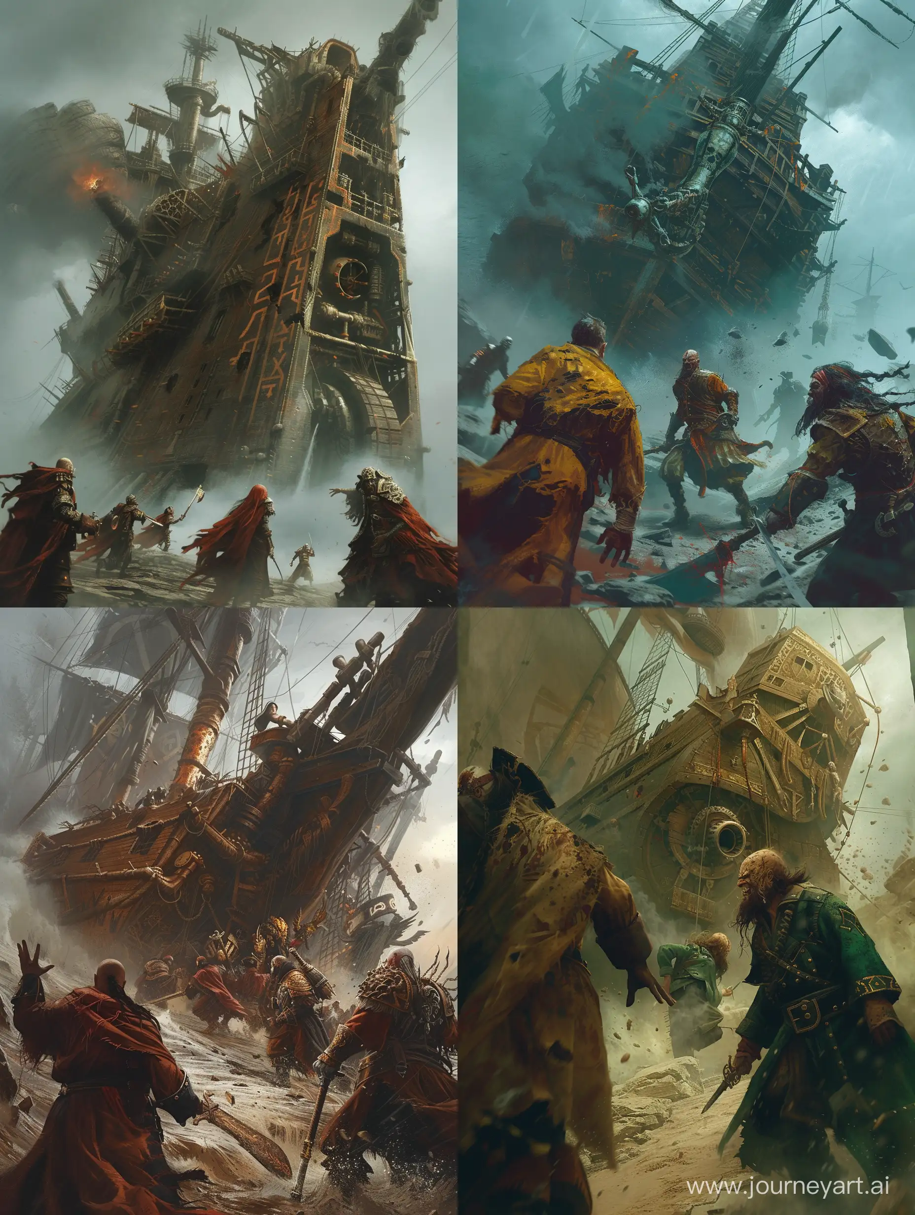 Angry pirates with torn robe,Attacking to A huge ship [with a Huge drill bit at the front for splitting rock,with steam engine,Mighty machines, Power armor,powefull,intricate,steampunk],runic script,attacking,Angry,incredible detail,terrifying,Digital Art,Imaginary image,fantasy.