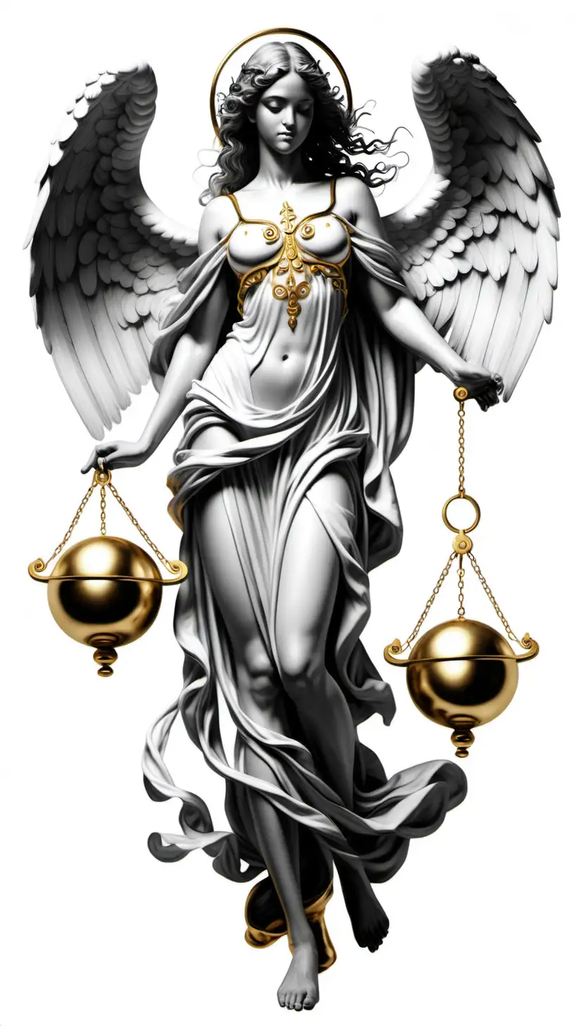 Realistic Libra Angel in Black and White with Gold Accents on a White Background