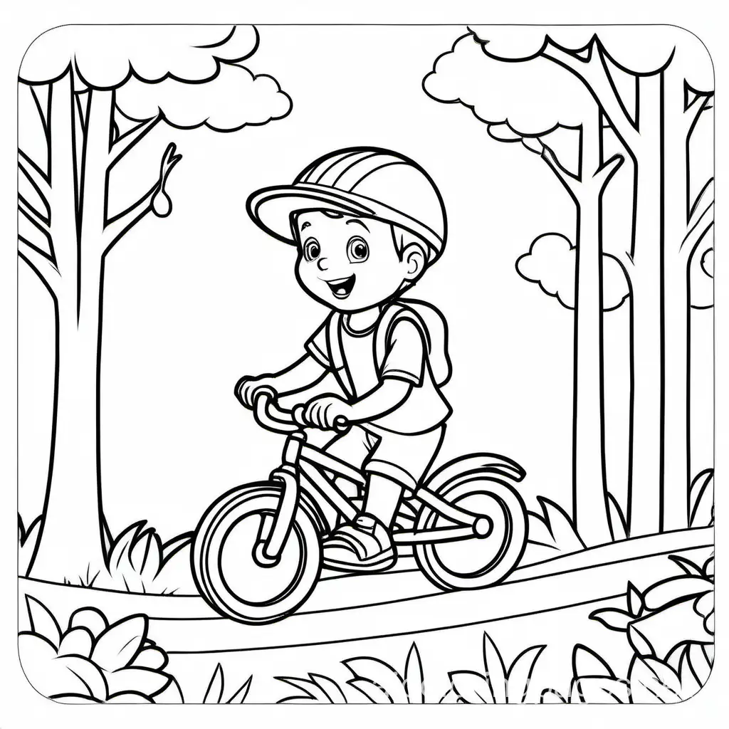 Prompt a cute boy riding bicycle, Coloring Page, black and white, line art, white background, Simplicity, Ample White Space. The background of the coloring page is plain white to make it easy for young children to color within the lines. The outlines of all the subjects are easy to distinguish, making it simple for kids to color without too much difficulty, Coloring Page, black and white, line art, white background, Simplicity, Ample White Space. The background of the coloring page is plain white to make it easy for young children to color within the lines. The outlines of all the subjects are easy to distinguish, making it simple for kids to color without too much difficulty