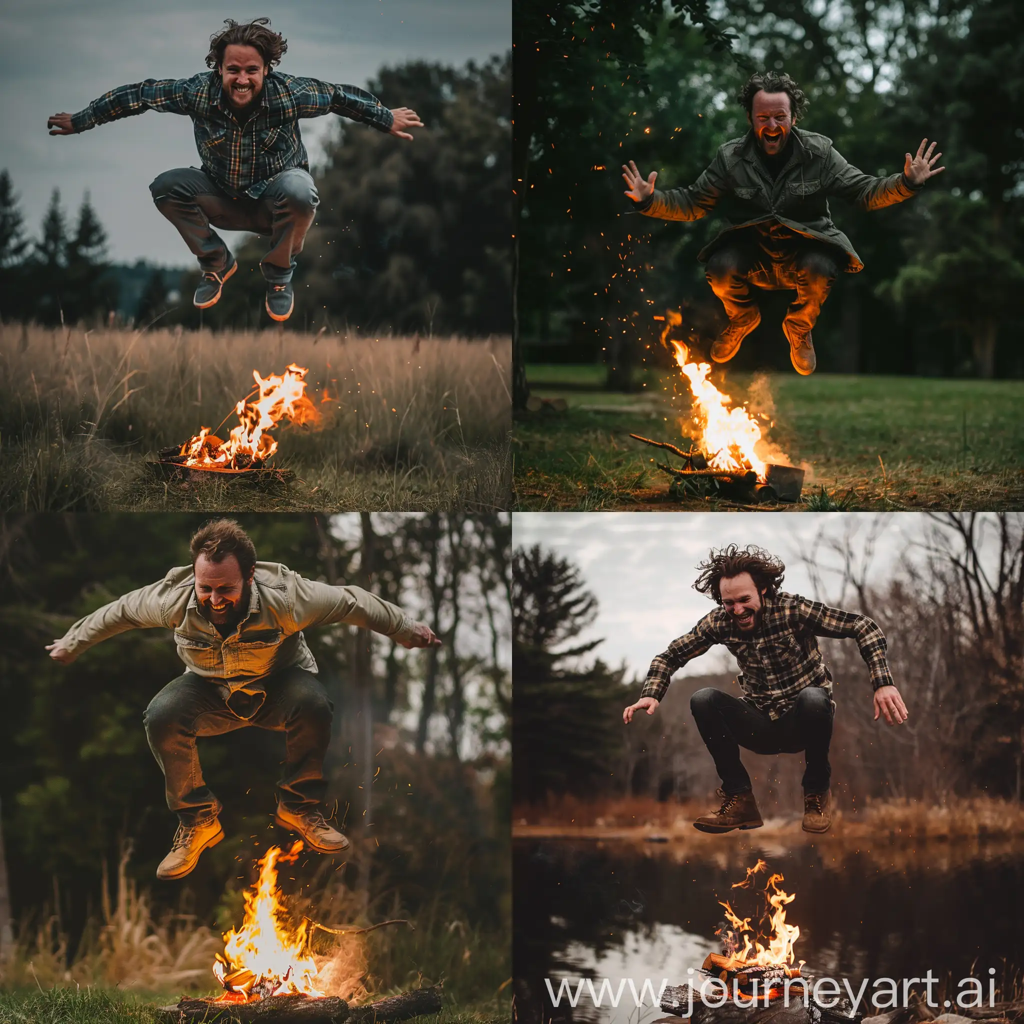 Real and natural photo of a handsome man jumping over a small fire and smiling