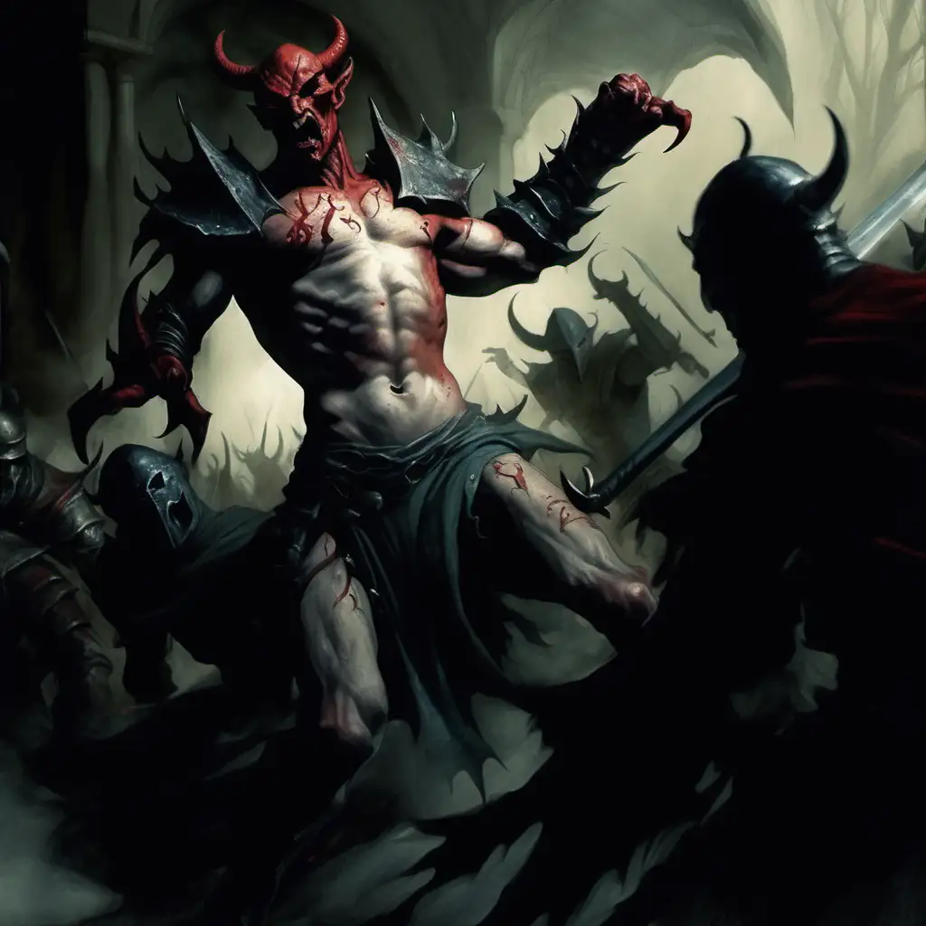 red skin Demon fighting in a battle, Medieval fantasy colored painting, MtG art