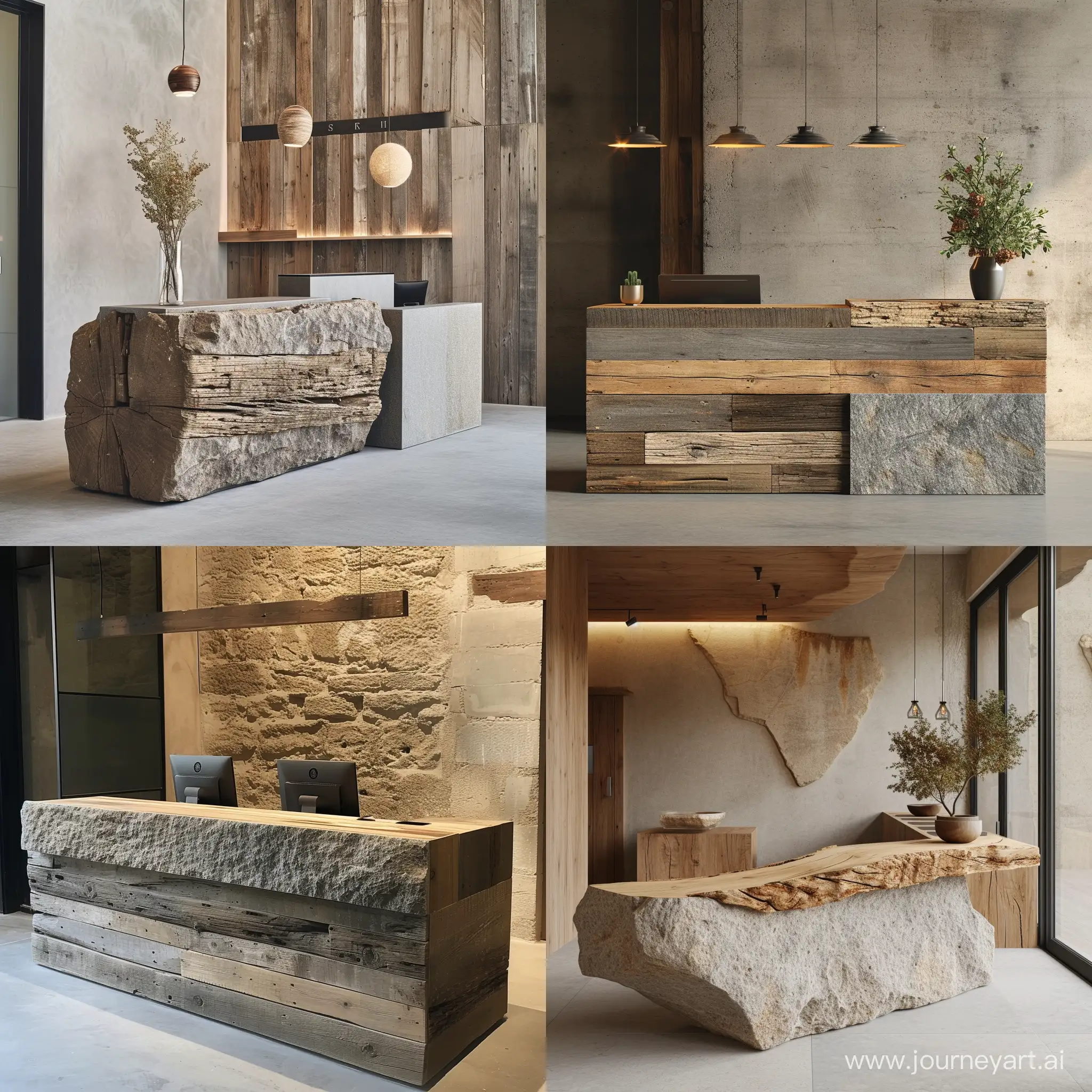 imagine an image of Reception Desk: "At the entrance, the reception desk (150cm L x 75cm W x 90cm H, 50kg) crafted from reclaimed wood and stone welcomes visitors, embodying the showroom's commitment to sustainability."realistic style